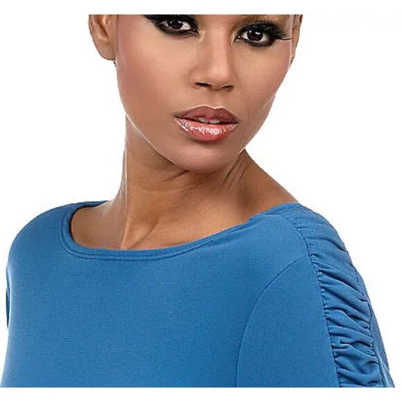 Susan Graver Womens 3X Liquid Knit Boat Neck Top Wheat Ruched 3/4 Sleeves NWT - Picture 4 of 4